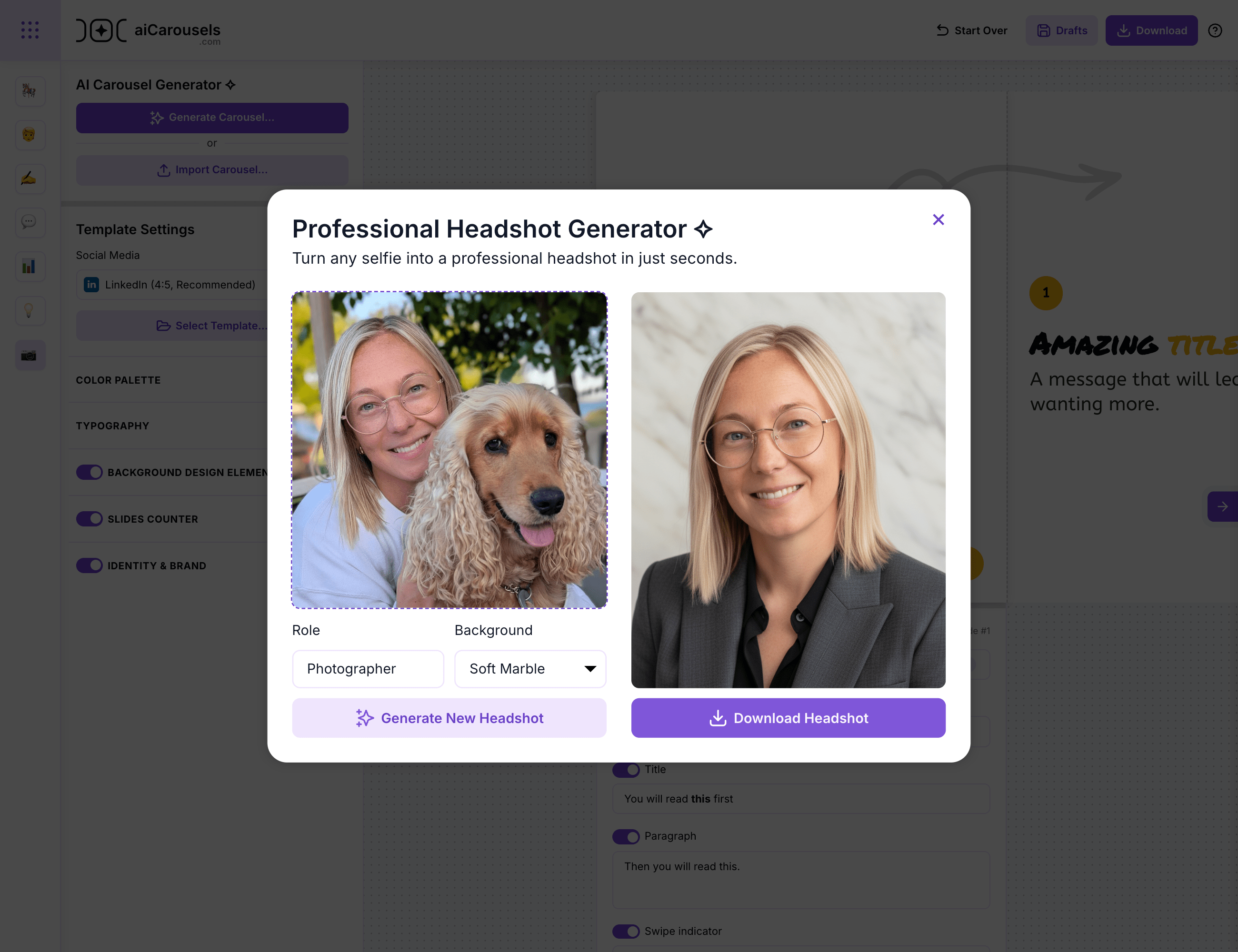 LinkedIn headshot generator workflow inside aiCarousels