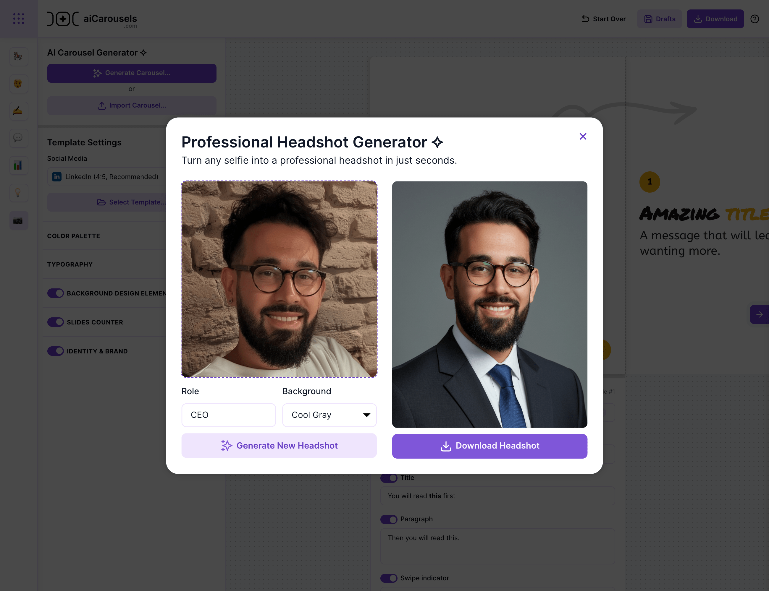 LinkedIn headshot generator workflow inside aiCarousels