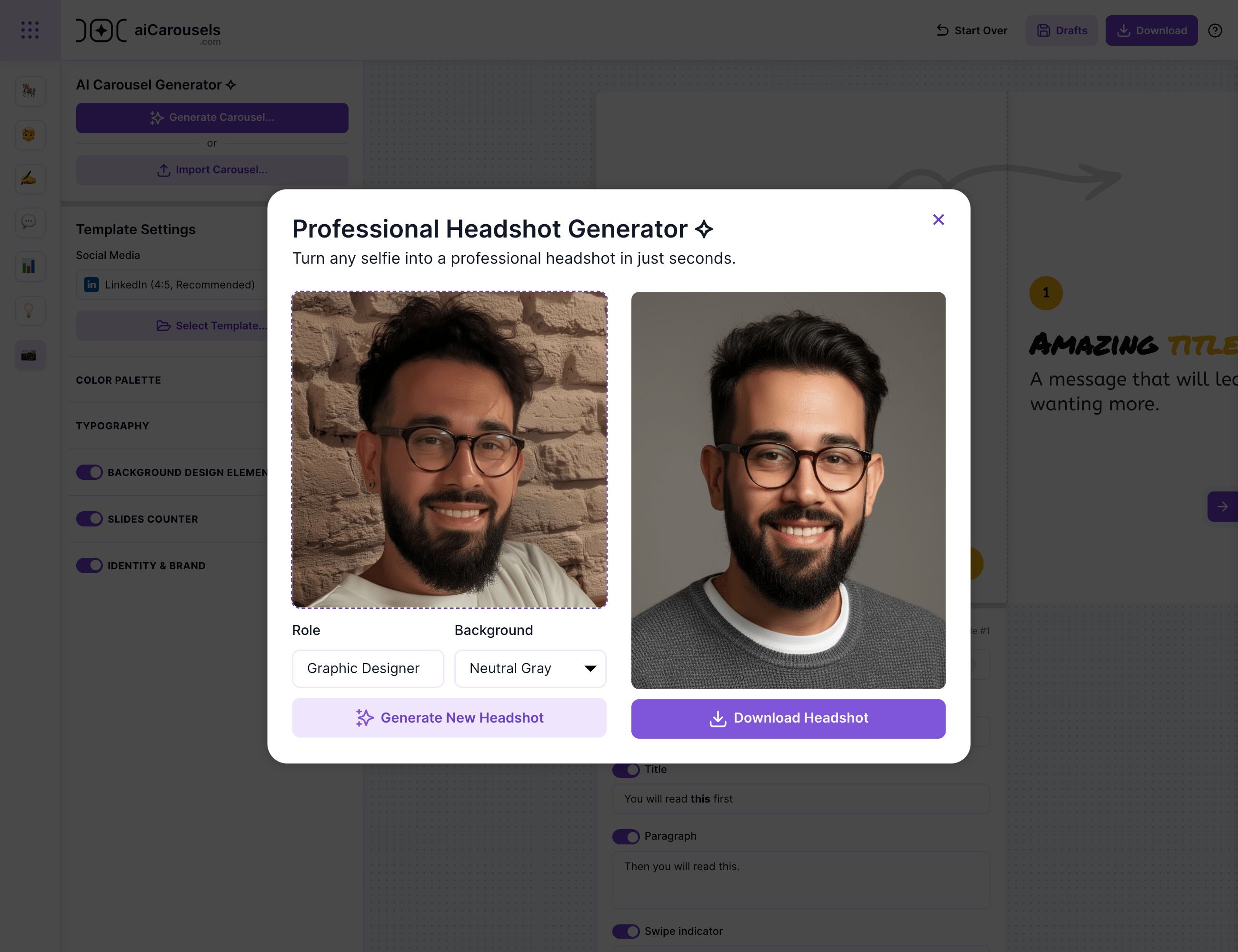 LinkedIn headshot generator workflow inside aiCarousels