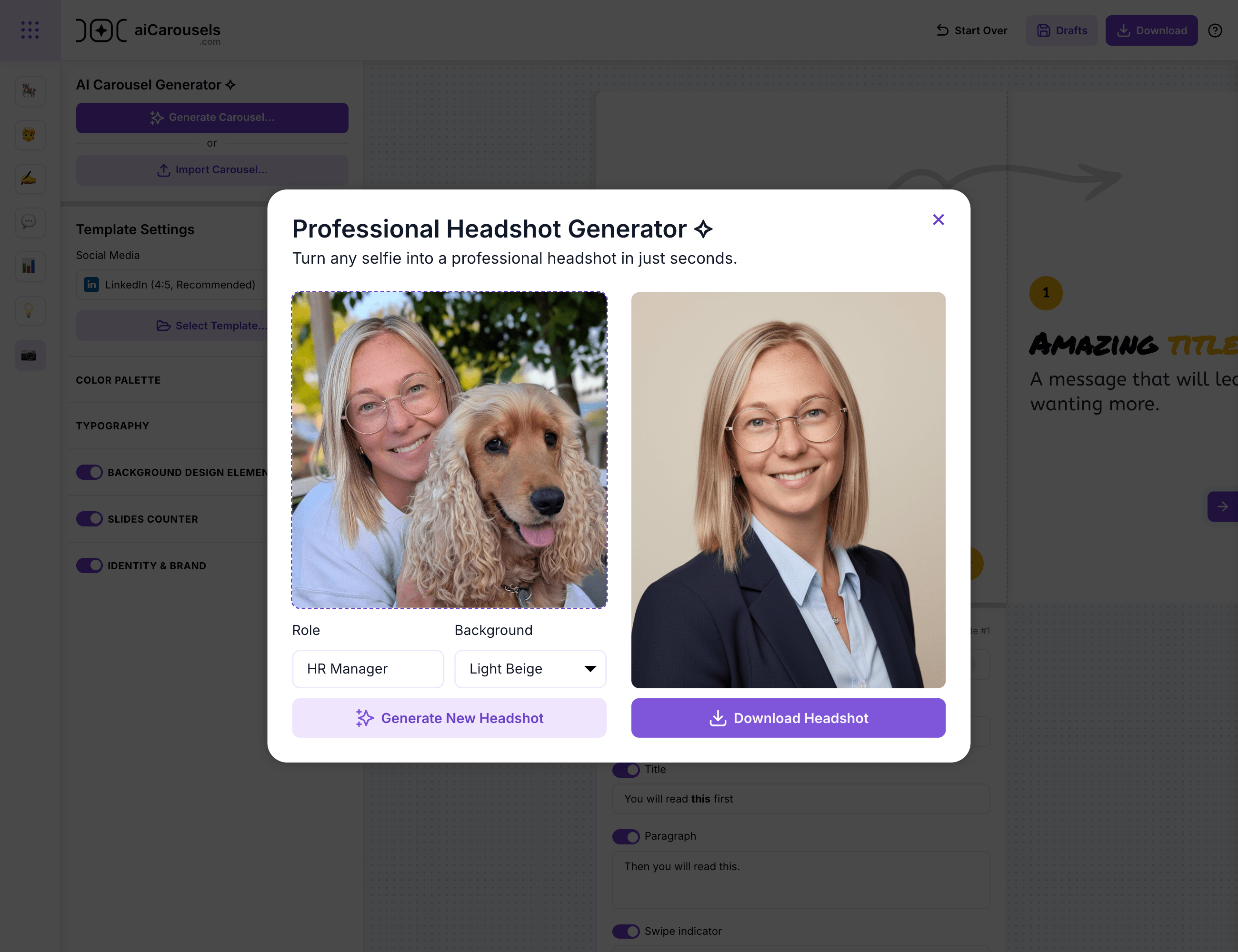LinkedIn headshot generator workflow inside aiCarousels