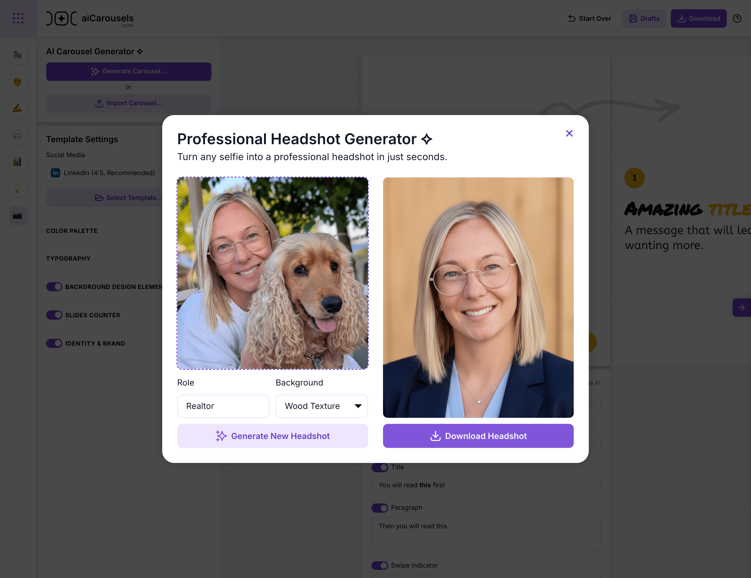 LinkedIn headshot generator workflow inside aiCarousels