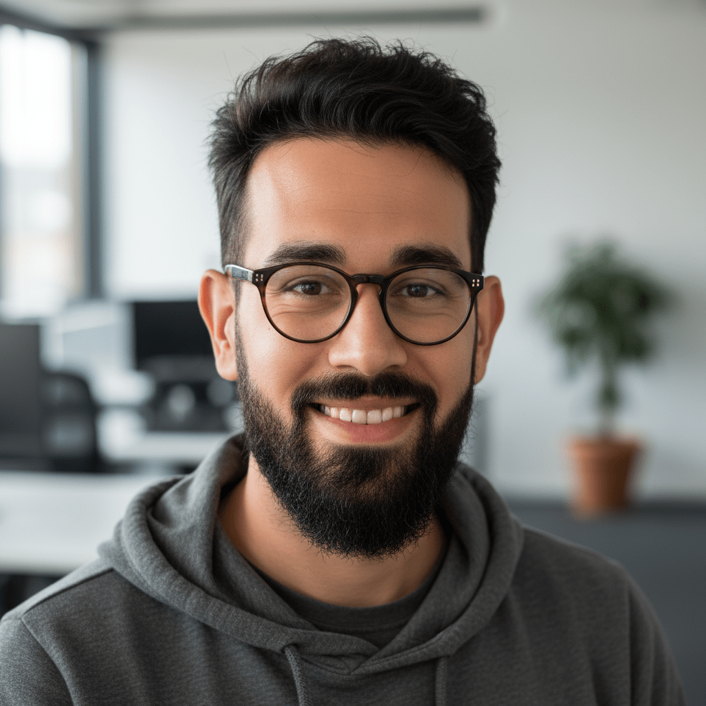 LinkedIn headshot with blurred office background
