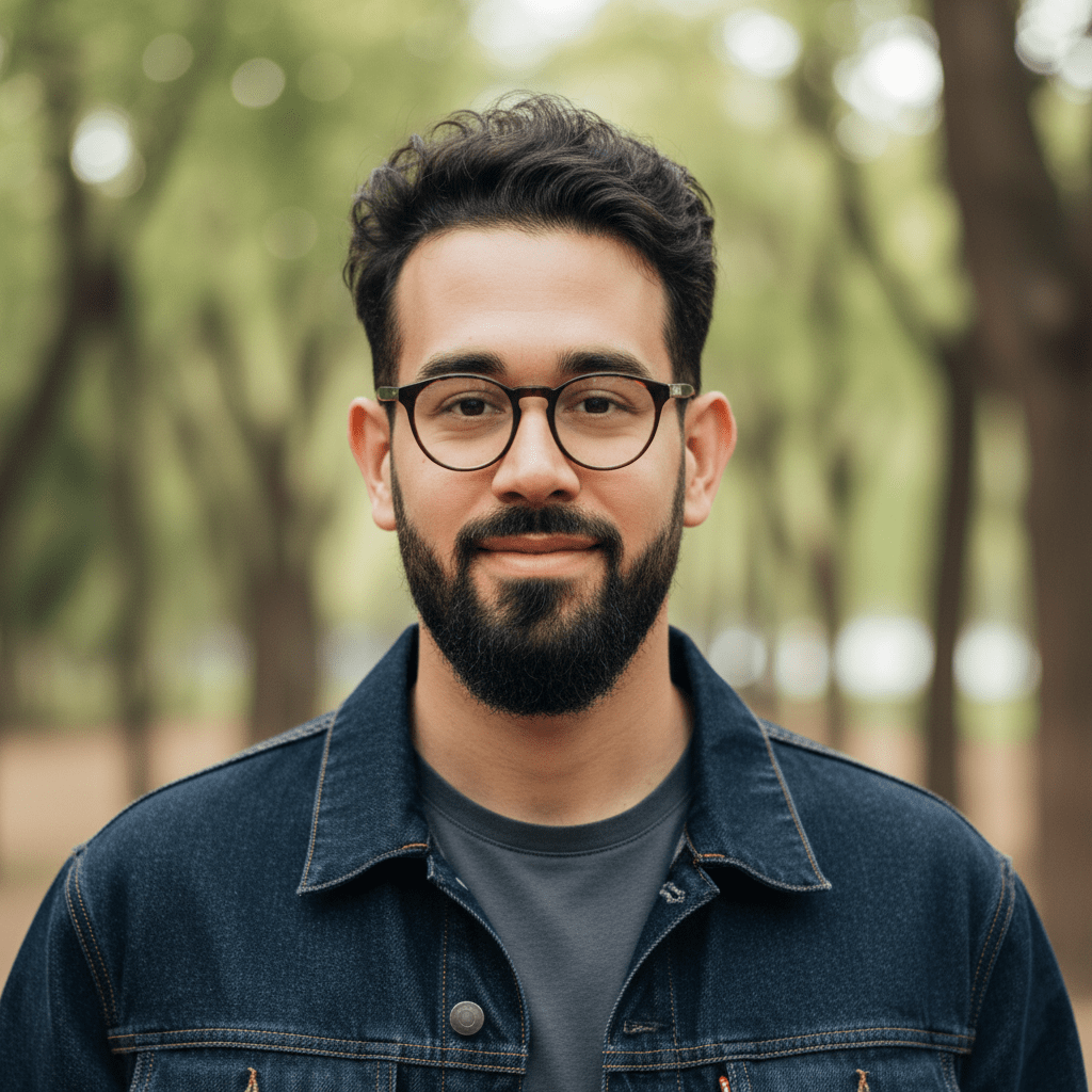 LinkedIn headshot with corporate gradient background