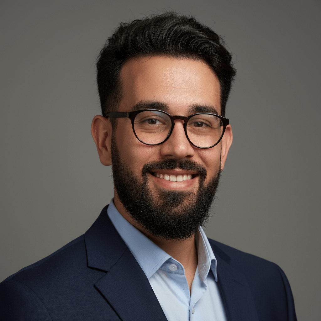 LinkedIn headshot with neutral gray background