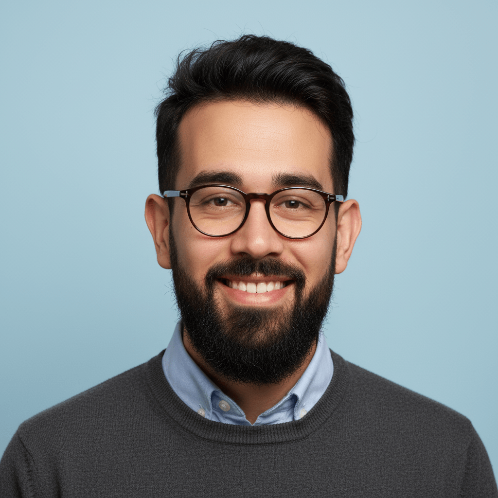 LinkedIn headshot with pastel blue background
