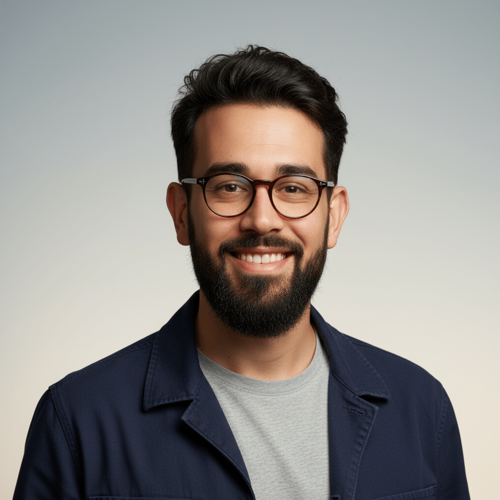LinkedIn headshot with corporate gradient background